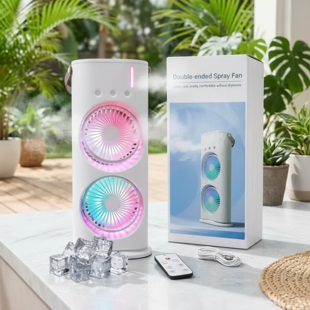 Summer Deals Evaporative Air Cooler – Dual Mist Fan with RGB LED & Remote Control | Just Add Ice & Feel the Cool!